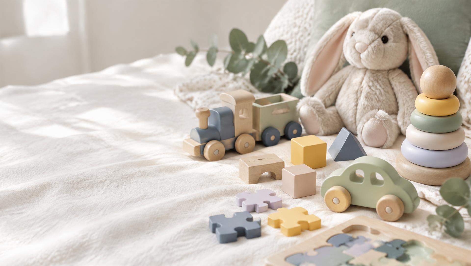 Real wooden toys, a plush bunny and soft blocks arranged on a cream blanket with natural light